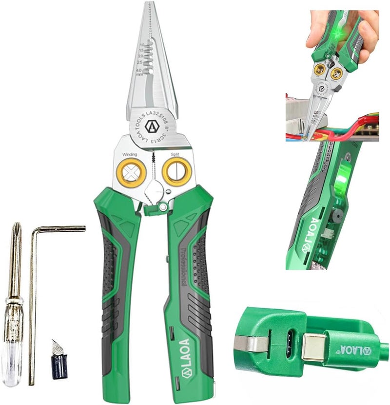 LAOA 8 in 1 Wire Stripper with Voltage Tester - Upgraded Rechargeable Wire Crimper, with Alarm & Flash Detects 12V-250V AC/DC (Non-Rectified DC) for Strip, Cut, Crimp, Split, Wrap, Slit, Pull - Image 1